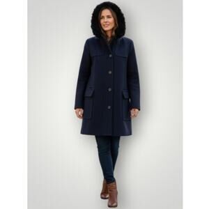 $258 NWT Ann Taylor Weekend Faux Fur Trim Wool Blend Navy Blue Duffle Coat XS